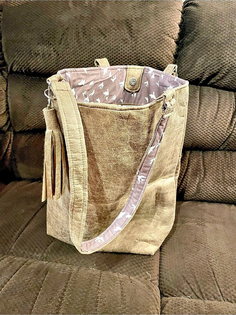 New Moyna Bird Tote Bag with Tassel in Faux Suede Brown Large Purse